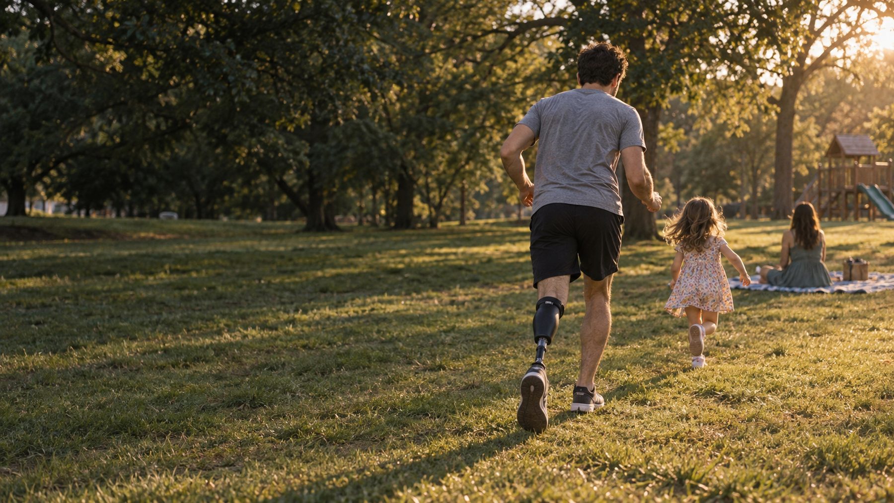 A father with a below-knee prosthetic runs across a park lawn at golden hour, chasing his young daughter toward a picnic blanket